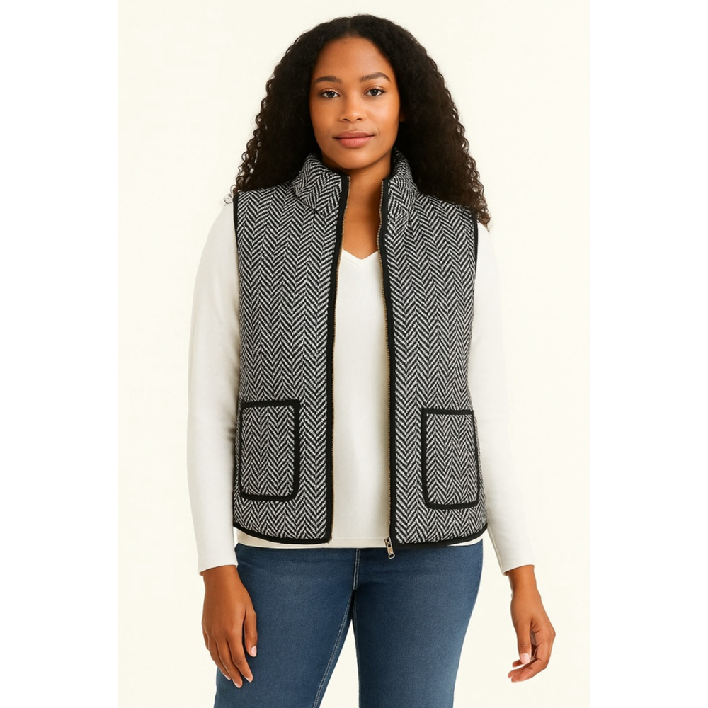 NWOT Black & White Herringbone Quilted Vest - E2 Clothing (L)